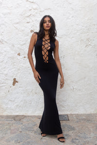Maxi dress deep plunge Opium Dreams Front View - Audace Manifesto